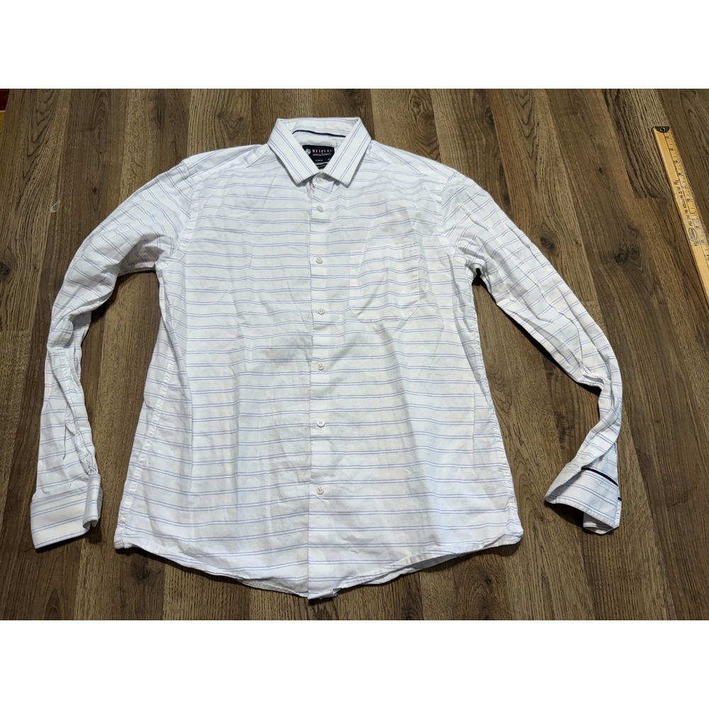 Netplay Modern Formals Mens 39 White Blue Striped Slim Fit Shirt Excellent